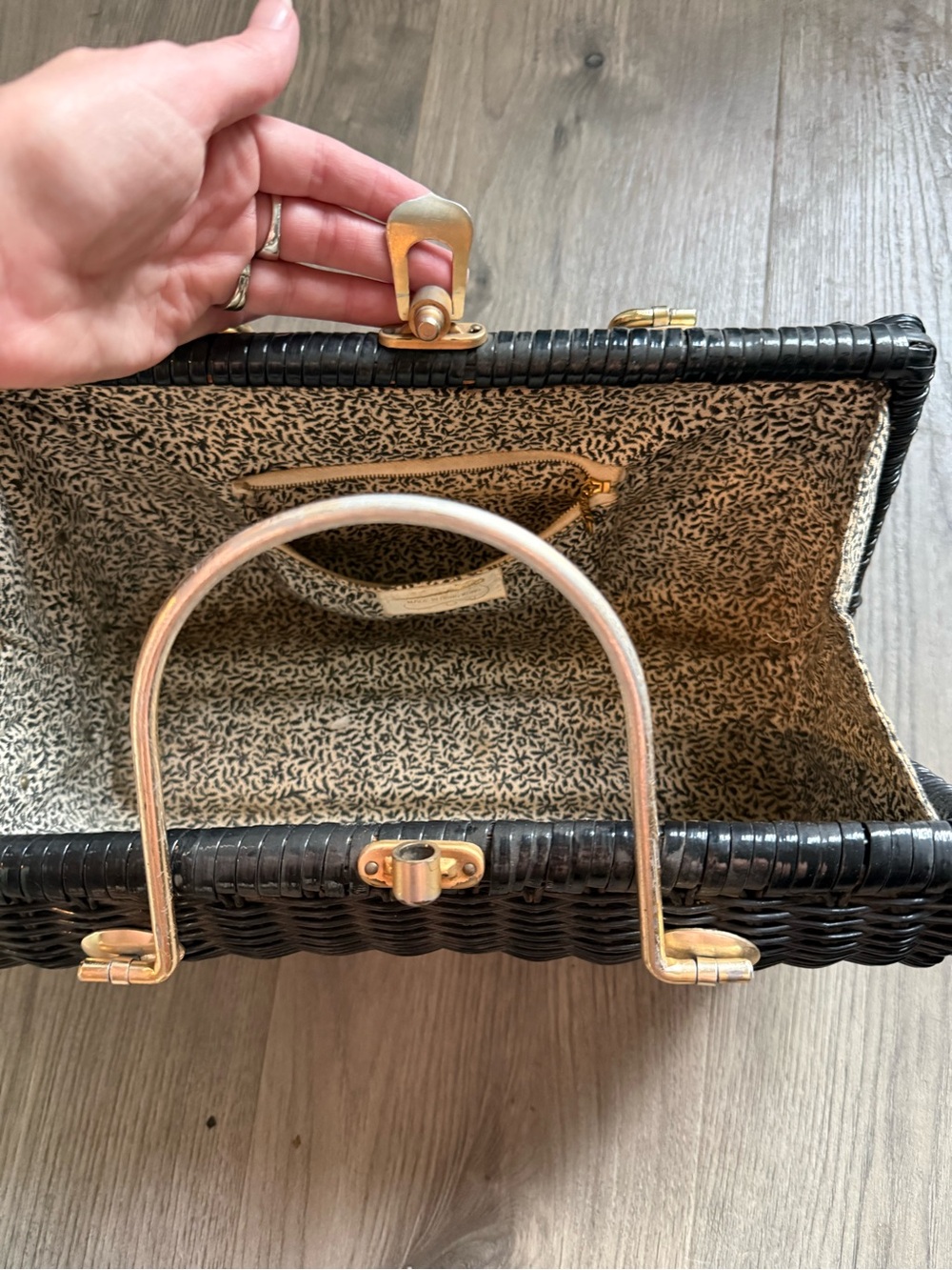 Black Woven Top-Handle Bag with Gold Hardware - Picture 6 of 7